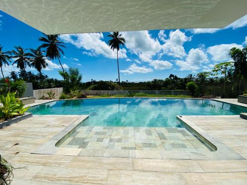 uma piscina com água azul e palmeiras em Vila Kite Lagoon em Parajuru