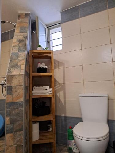a bathroom with a toilet and a shelf with towels at Poudas House in Cherronisos