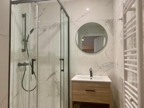 une salle de bain avec une douche, un lavabo et un miroir dans l'établissement Studio cosy cinq personnes, à Le Touquet-Paris-Plage
