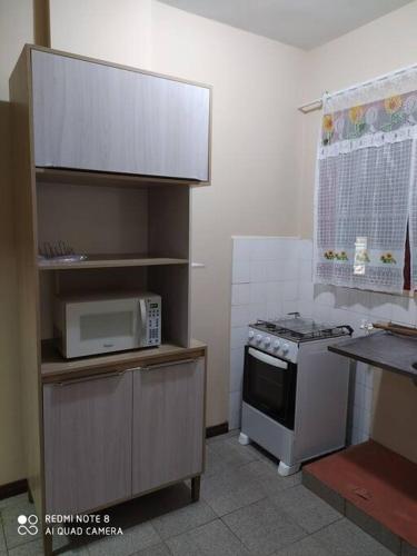 a small kitchen with a stove and a microwave at 106 Apartamento moderno, en pleno centro, cerca de todo in Ciudad del Este