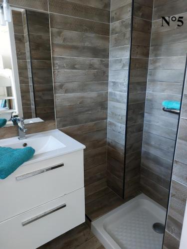 La salle de bains est pourvue d'une douche et d'un lavabo blanc. dans l'établissement Vista Mare Ghisonaccia, à Ghisonaccia