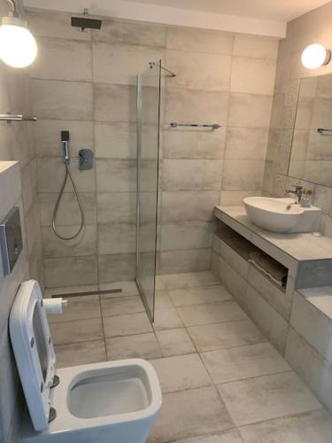 a bathroom with a shower and a toilet and a sink at apartment by the sea in Neos Marmaras