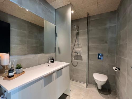 a bathroom with a shower and a toilet and a sink at Atlantic Jewel in Tórshavn