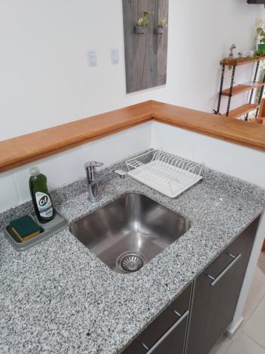 um balcão de cozinha com um lavatório na cozinha em Departamento Centrico Ana em Ushuaia