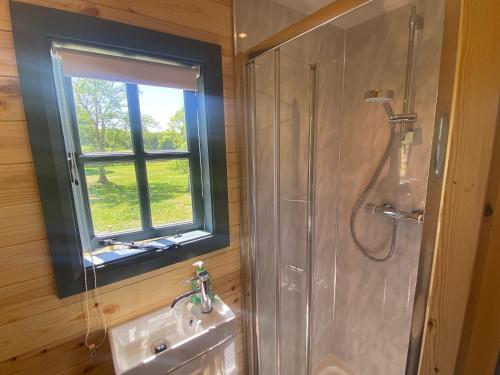 a bathroom with a shower and a sink and a window at Oakies Farm Stays in Llandovery
