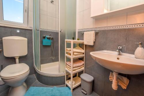 een badkamer met een wastafel, een toilet en een douche bij Apartments Antea in Rogoznica
