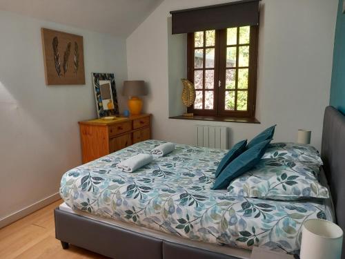 ディナンにあるVue sur le port de Dinanのベッドルーム1室(青い枕のベッド1台、窓付)