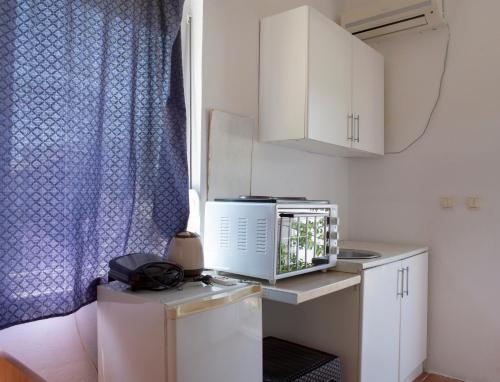 a kitchen with a microwave on top of a refrigerator at Family Apartments Vukcevic in Čanj