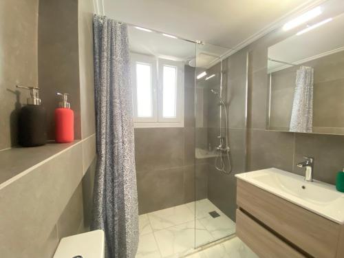 La salle de bains est pourvue d'une douche, de toilettes et d'un lavabo. dans l'établissement Faliro comfort apartment 10 mins walking to the beach, à Athènes