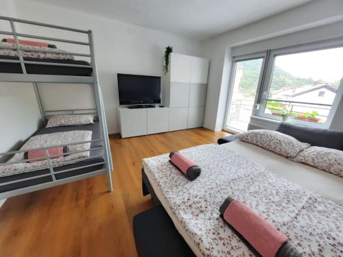 a bedroom with two bunk beds and a flat screen tv at Apartment Loyd, Tolmin - Most na Soči in Most na Soči