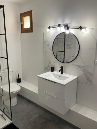 uma casa de banho com um lavatório, um WC e um espelho. em Appartement avec jardin privatif em Ajaccio