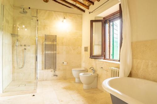 uma casa de banho com um chuveiro, um WC e um lavatório. em Podere Bargnano Cetona, Sleeps 14, Pool, WiFi, Air conditioning em Cetona