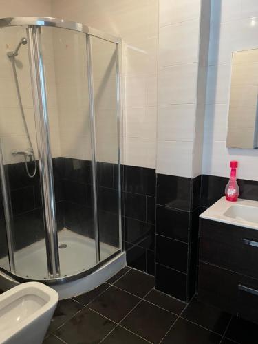 une salle de bain avec une douche, des toilettes et un lavabo dans l'établissement Appartement de luxe à loué Résidence Riad Saidia, à Saïdia