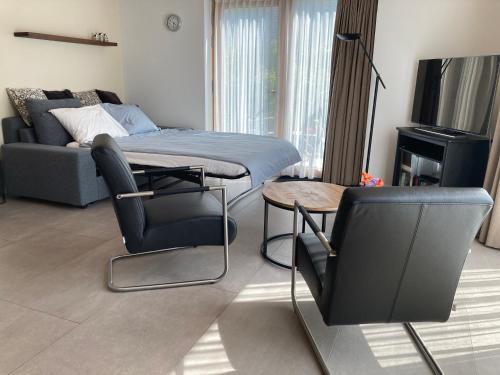 a living room with a bed and a couch at Lin et l'autre appartement in Limmen