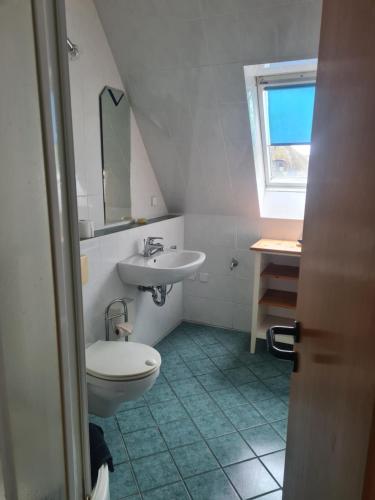 a bathroom with a toilet and a sink at Haus Westküste in Westerdeichstrich