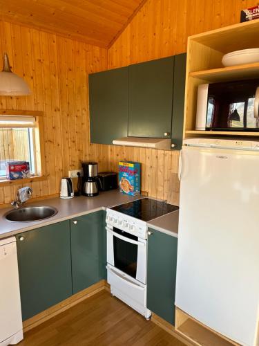 kuchnia z zielonymi szafkami i białą lodówką w obiekcie Víðilundur 17 w mieście Varmahlíð