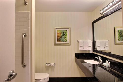 a bathroom with a sink and a toilet and a mirror at Fairfield Inn & Suites by Marriott Milwaukee Airport in Oak Creek