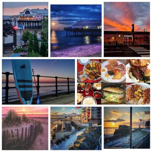 a collage of pictures of food and a pier at cleethorpes seaside garden apartment in Cleethorpes