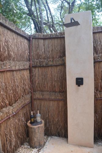 a wooden fence with a door and a stump at Glamping Mayan Glam in Tulum