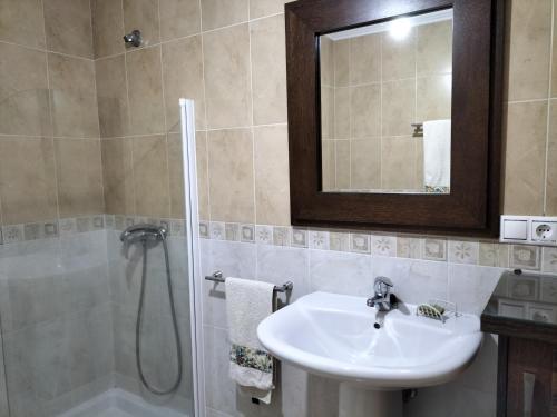 y baño con lavabo y ducha. en Apartamento Isla de Arousa - Riasón en Isla de Arosa