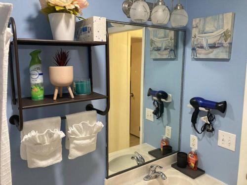 La salle de bains est pourvue d'un lavabo et d'un miroir. dans l'établissement Comfortable and quiet apartment minutes from downtown in Thomasville!, à Thomasville