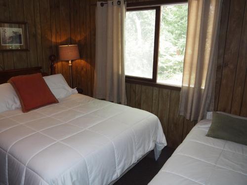 a bedroom with two beds and a window at Sleeping Bear Riverside Cabins - Cabin #3 in Honor