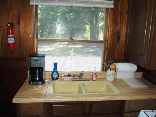 a kitchen counter with a sink and a window at Sleeping Bear Riverside Cabins - Cabin #3 in Honor