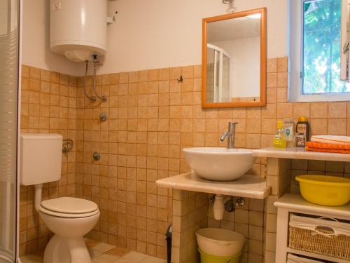 La salle de bains est pourvue de toilettes, d'un lavabo et d'un miroir. dans l'établissement Apartment Kova - with pool, à Stari Grad