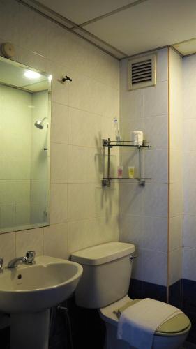 a bathroom with a sink and a toilet and a mirror at WTC Hotel, Kuala Lumpur - Formerly Leo Palace Hotel Classic Wing in Kuala Lumpur