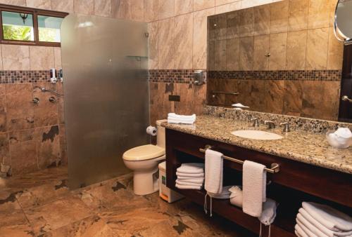 a bathroom with a sink and a toilet and a mirror at Hotel Boutique La Casona del Cafetal in Cachí