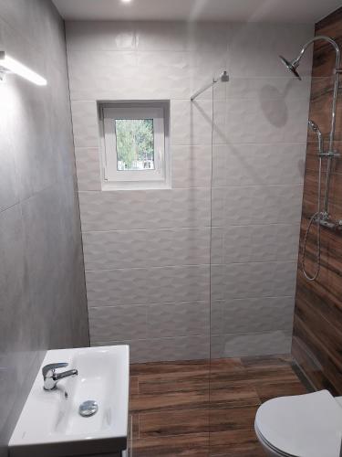 a bathroom with a shower and a sink and a toilet at VILLA EDEN USTKA wypoczynek dla dorosłych in Ustka