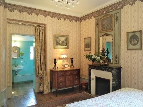 - une chambre avec une cheminée, un lit et un miroir dans l'établissement Château de la Vernède, à Saint-Rémy-de-Chargnat