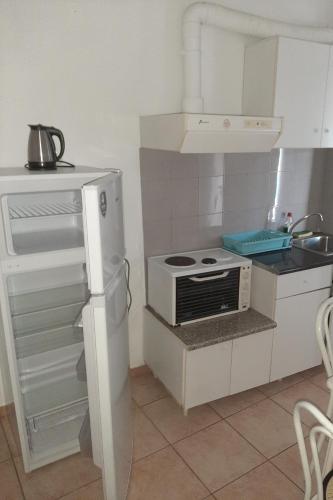 a kitchen with a white refrigerator and a microwave at Glaros Studios in Loutra Edipsou