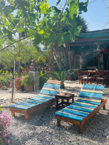 a group of benches with blue cushions sitting in a yard at House of Sunset - Tranquility - View - Relaxation in Sívas