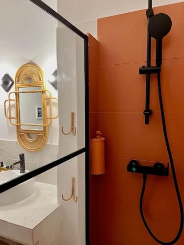 une salle de bain avec une douche, un lavabo et un miroir dans l'établissement Casëto Luberon, à Apt