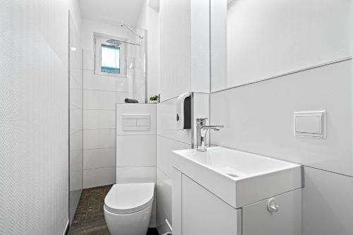 Baño blanco con aseo y lavamanos en Villa Dana Bodensee, en Friedrichshafen