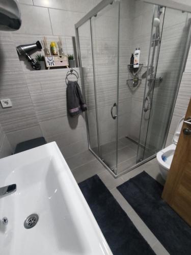 別拉什尼察的住宿－White Mountain Bjelašnica，带淋浴和白色盥洗盆的浴室