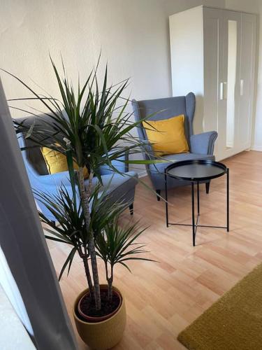 ein Wohnzimmer mit einer Topfpflanze und einer Couch in der Unterkunft City Appartment 2 Krefeld 20km DUS Airport/ Messe in Krefeld