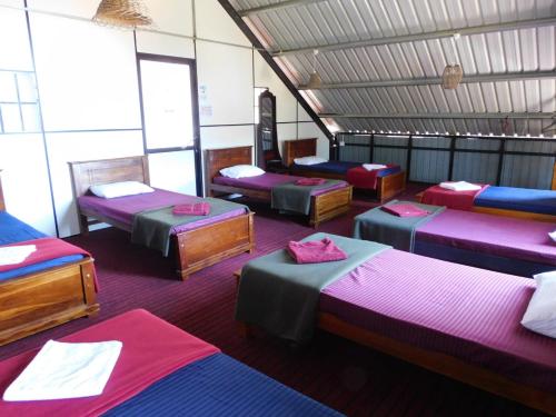 a room with four beds with pink and blue sheets at SHADOW MASK BUNGALOW in Pattipola