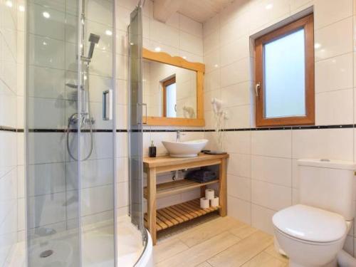 een badkamer met een douche, een toilet en een wastafel bij Górska Pasja Wisła in Wisła