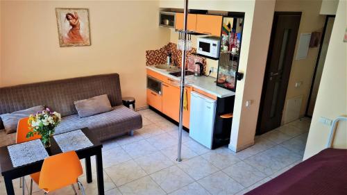 Il comprend un petit salon avec un canapé et une cuisine. dans l'établissement Apartamentai Palangos centre, à Palanga