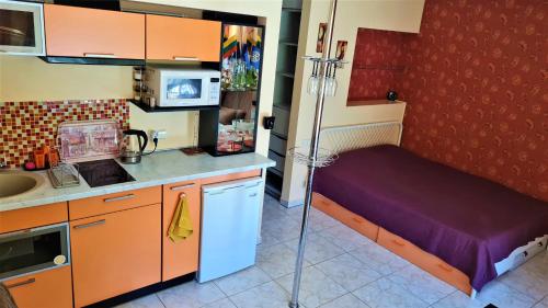 - une petite cuisine avec un lit dans une chambre dans l'établissement Apartamentai Palangos centre, à Palanga