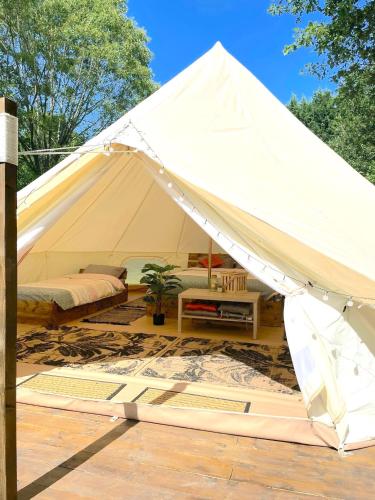 une tente blanche avec un lit et une plante à l'intérieur dans l'établissement La Petite Cachette, à Pressignac