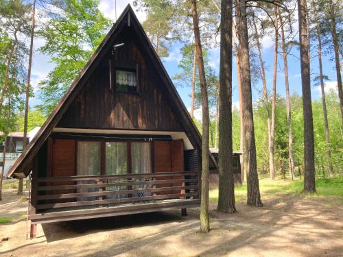 a small cabin in the woods with trees at Chatová osada Zelený Háj in Merklín