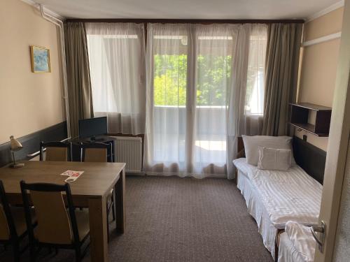 um quarto de hotel com uma cama, uma mesa e uma janela em Viking Hotel em Gárdony