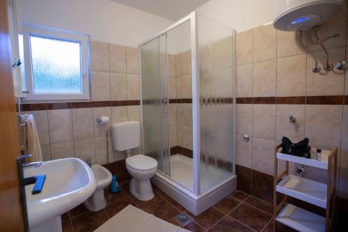 uma casa de banho com um chuveiro, um WC e um lavatório. em Apartments Davorka Šimuni em Simuni