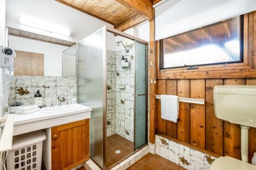 ein Bad mit einer Dusche und einem Waschbecken in der Unterkunft The Ark Family Beach House WIFI Netflix in Port Elliot