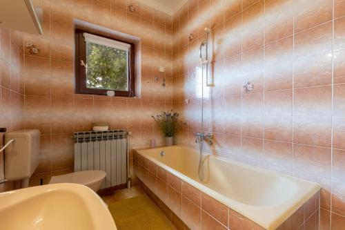 e bagno con vasca, servizi igienici e lavandino. di Cosy apartment Greta a Kaštelir (Castellier)