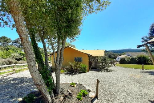 a yellow house with trees in front of it at Silver Coast Glamping luxury lodge in Alcobaça