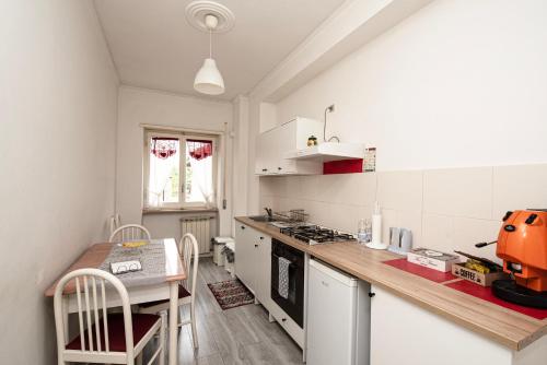 una cocina con encimera y mesa. en Casa Remo, en Valmontone